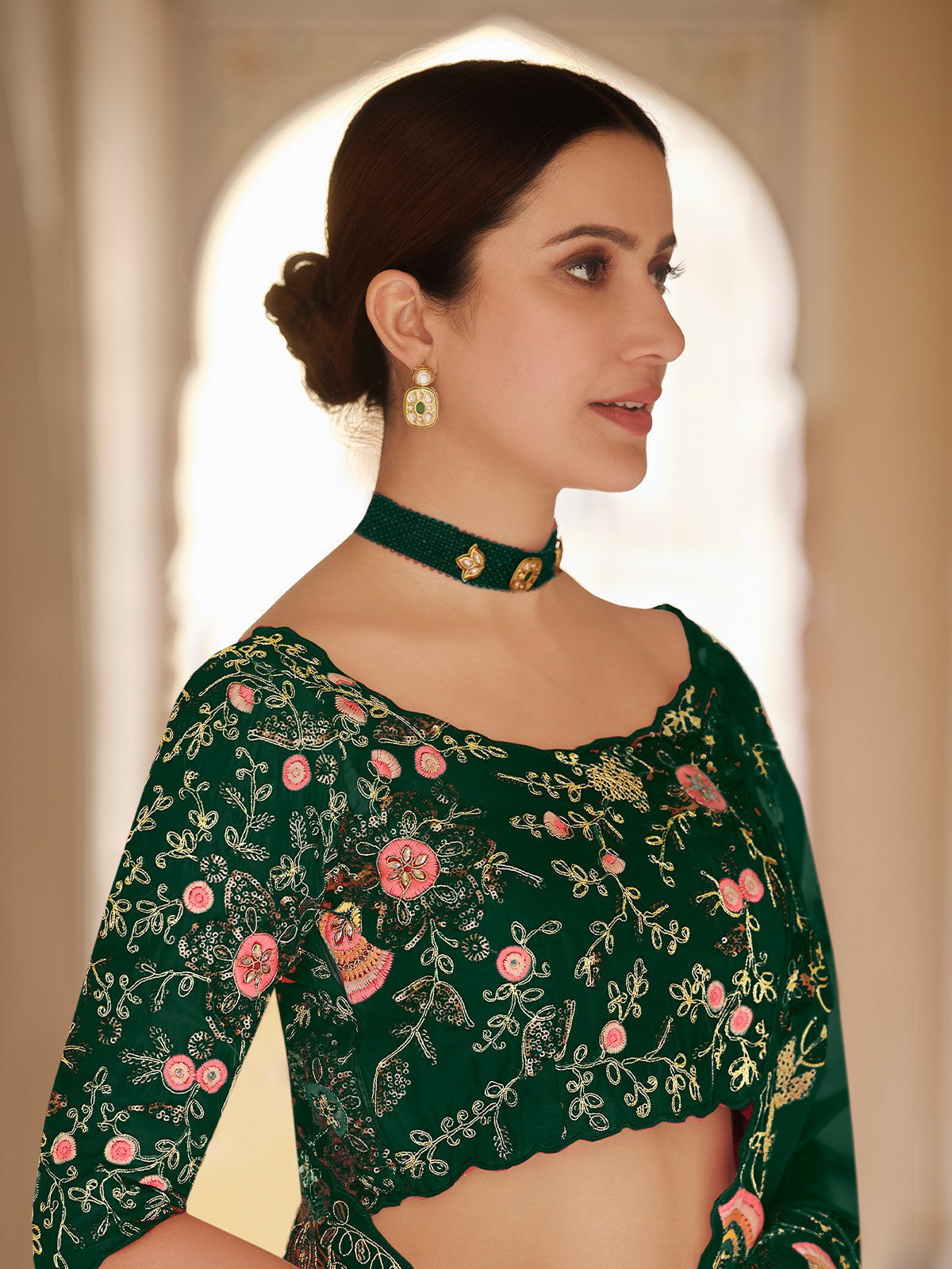 Dark Green Organza Embroidered Saree With Unstitched Blouse