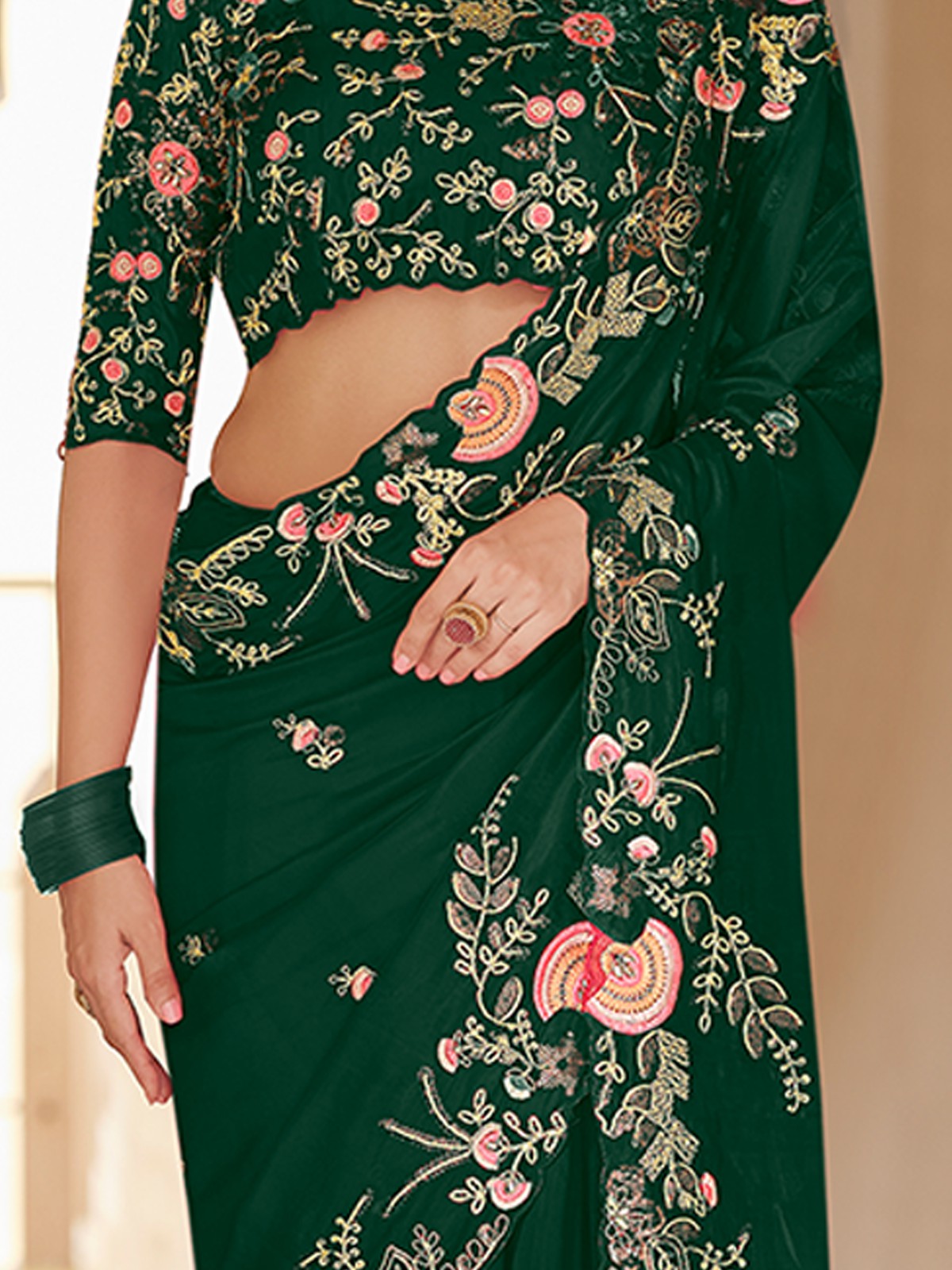Dark Green Organza Embroidered Saree With Unstitched Blouse