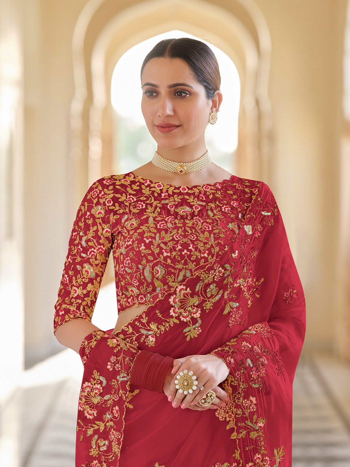 Red Organza Embroidered Saree With Unstitched Blouse