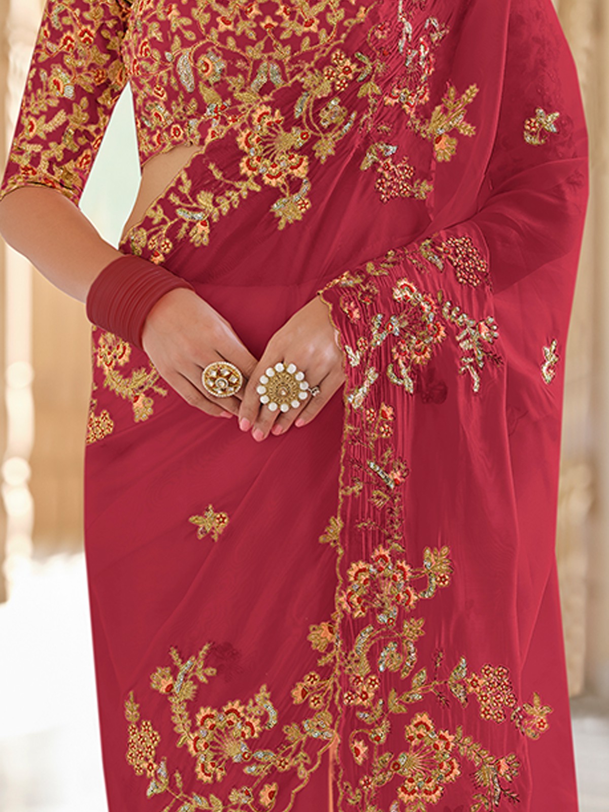 Red Organza Embroidered Saree With Unstitched Blouse