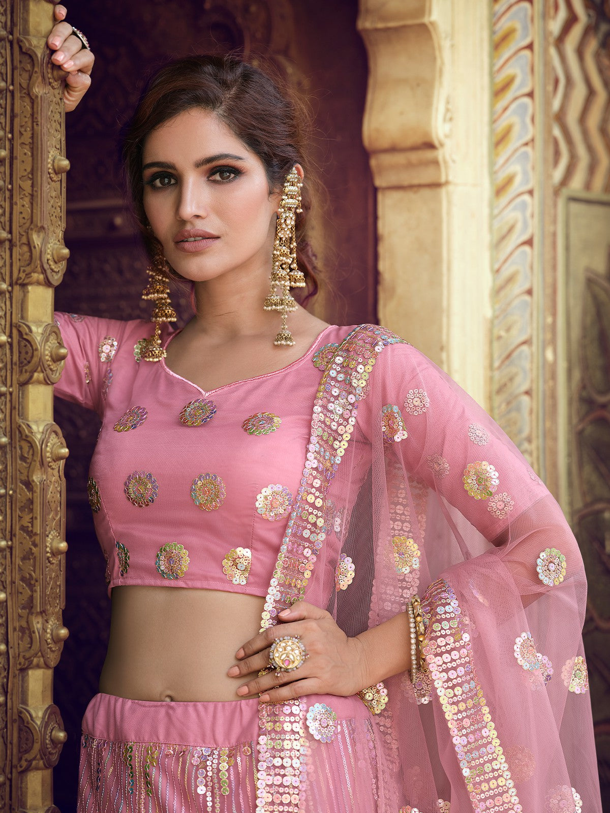 Pink Sequins Semi Stitched Lehenga With Unstitched Blouse