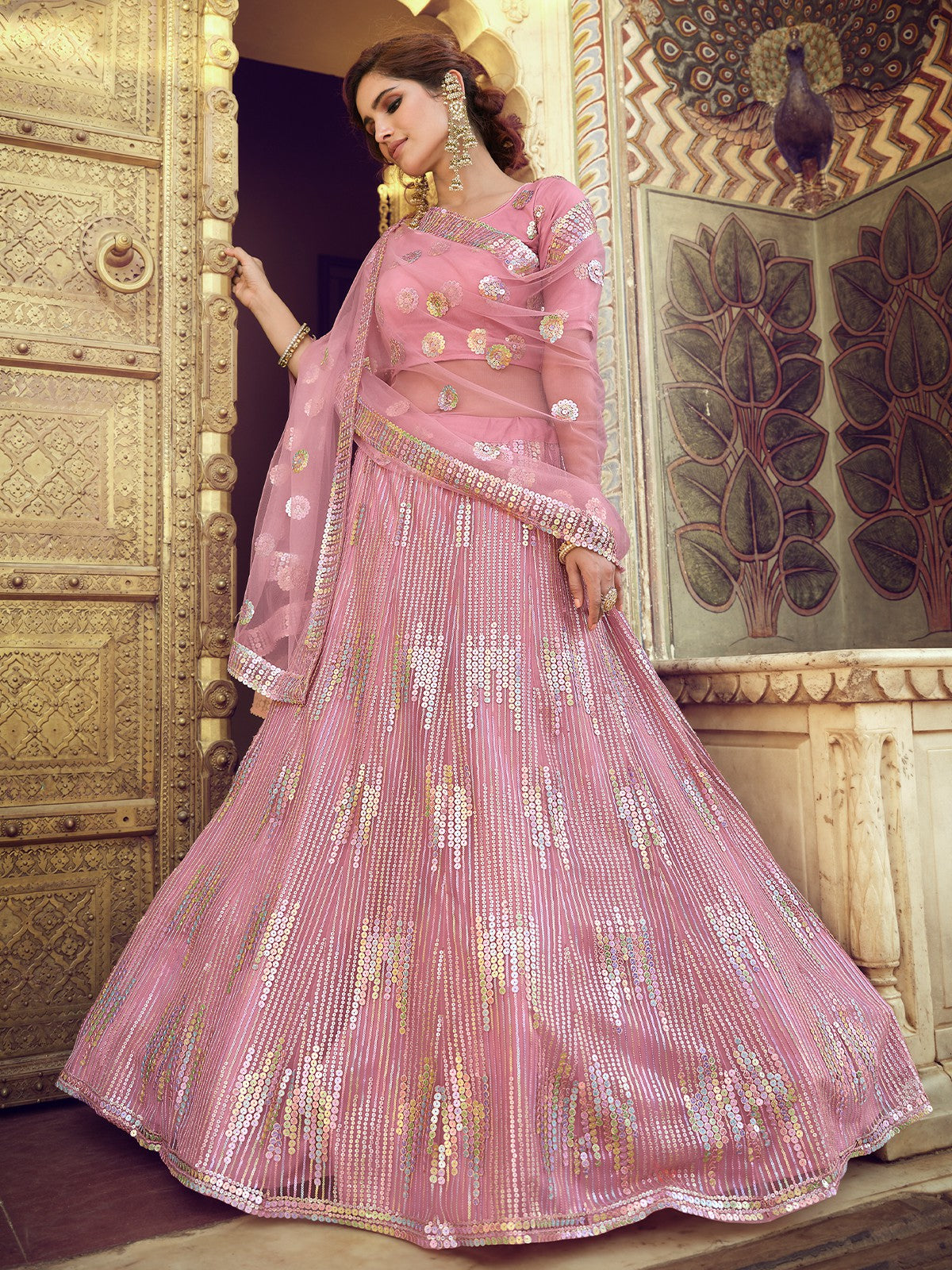 Pink Sequins Semi Stitched Lehenga With Unstitched Blouse