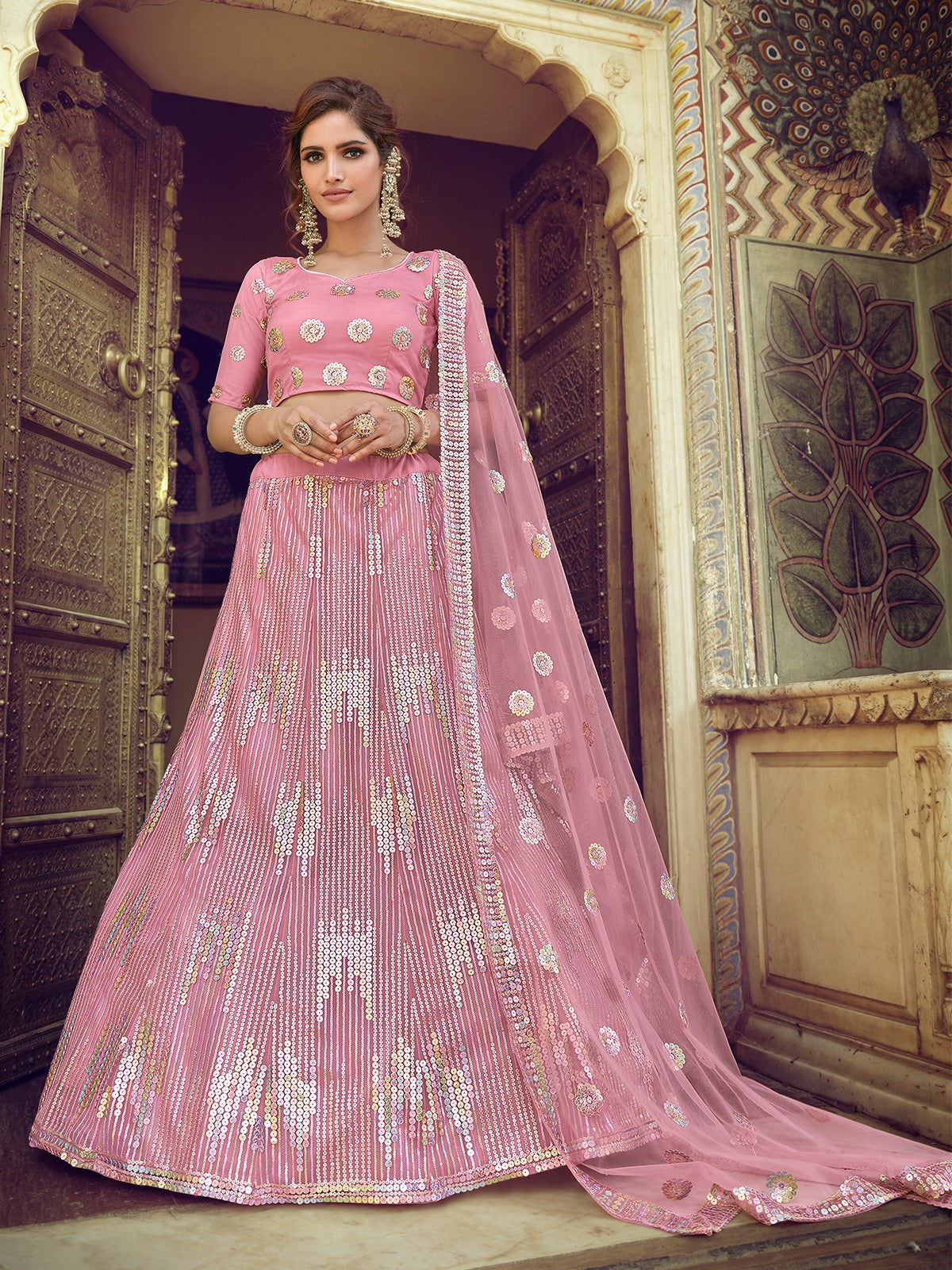 Pink Sequins Semi Stitched Lehenga With Unstitched Blouse