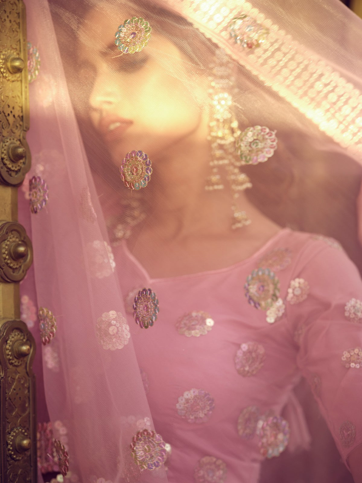 Pink Sequins Semi Stitched Lehenga With Unstitched Blouse