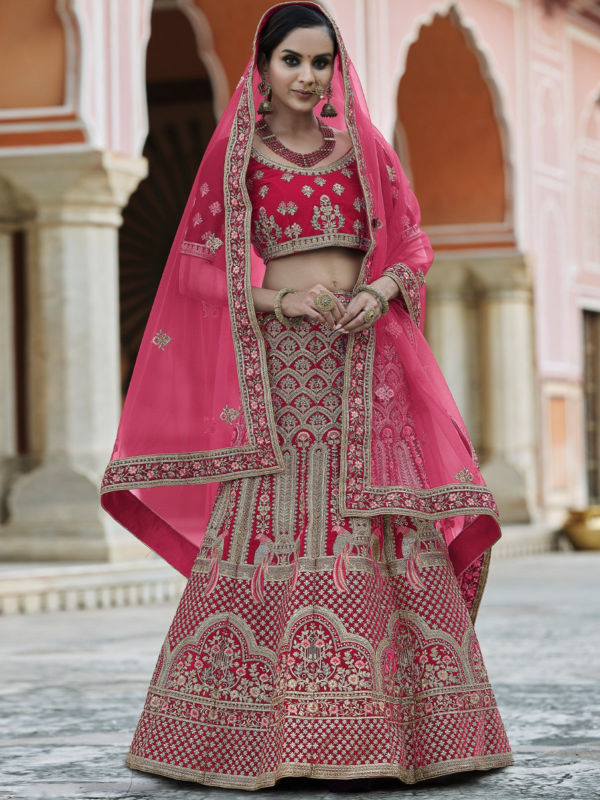 Fancy Pink Semi Stitched Lehenga With Unstitched Blouse