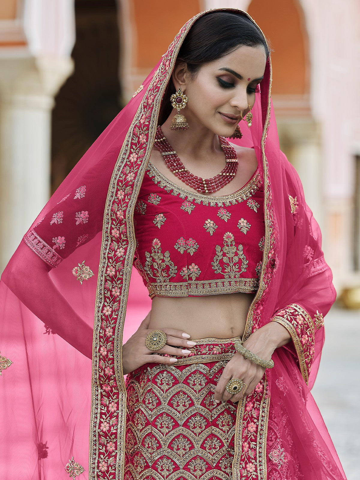 Fancy Pink Semi Stitched Lehenga With Unstitched Blouse