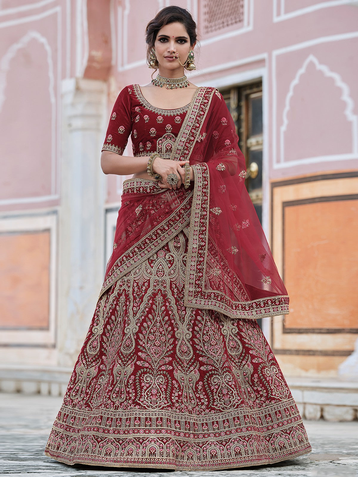 Fancy Pink Semi Stitched Lehenga With Unstitched Blouse