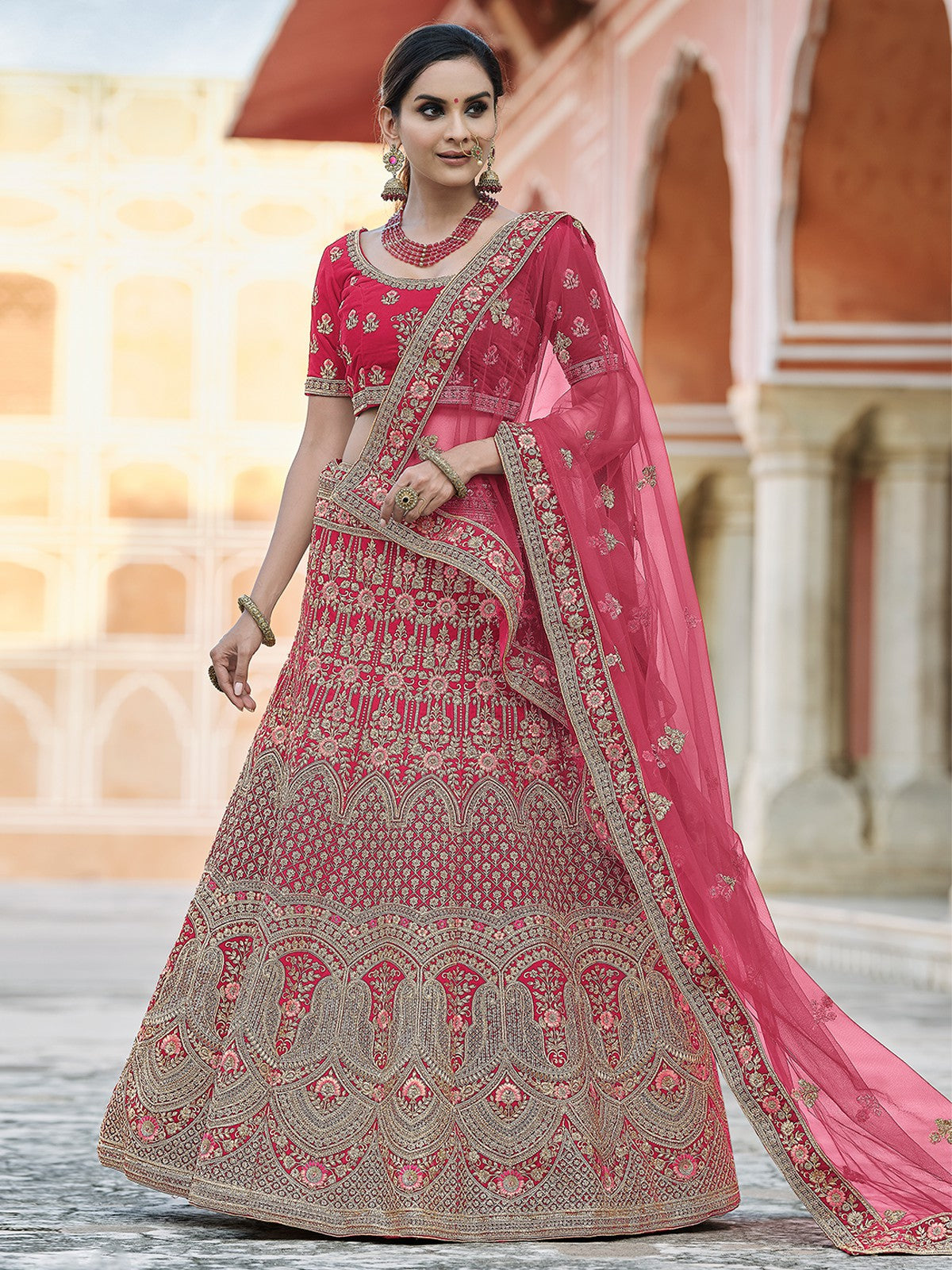Pink Velvet Soft Net Semi Stitched Lehenga With Unstitched Blouse
