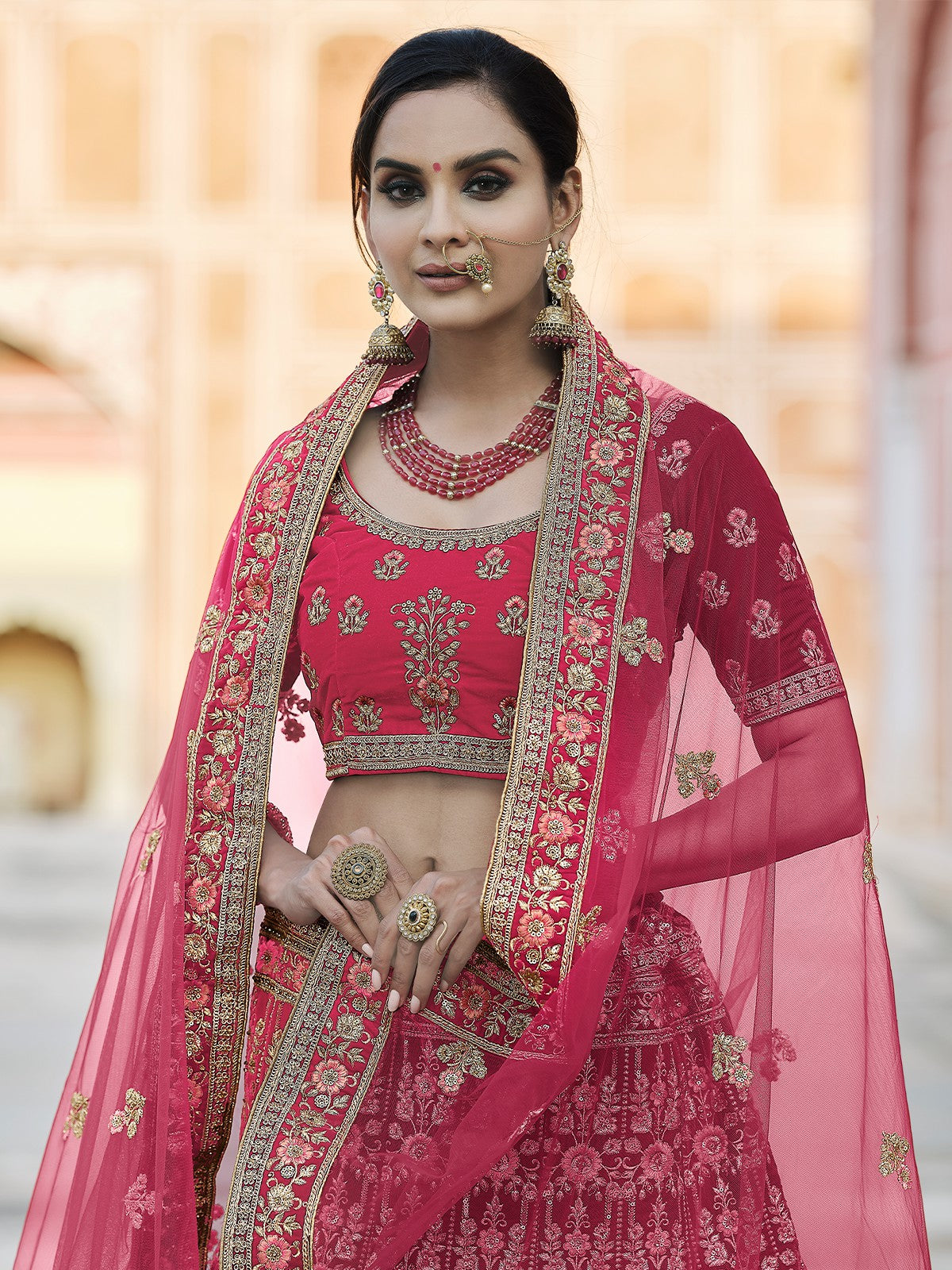 Pink Velvet Soft Net Semi Stitched Lehenga With Unstitched Blouse