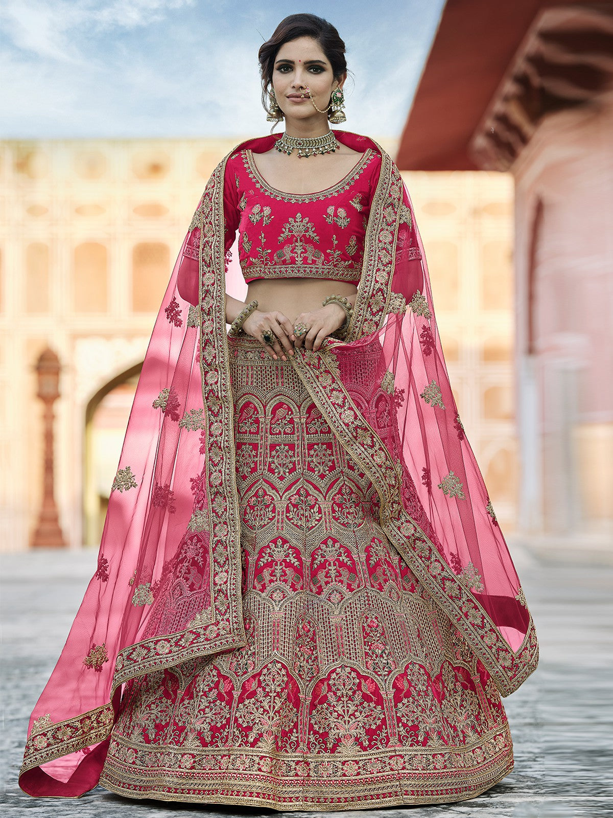 Fancy Pink Semi Stitched Lehenga With Unstitched Blouse