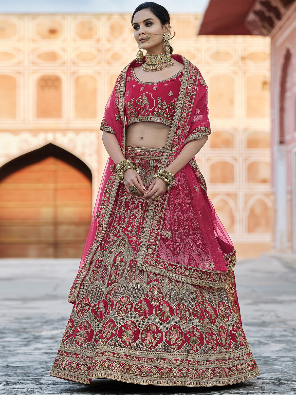 Designer Pink Semi Stitched Lehenga With Unstitched Blouse