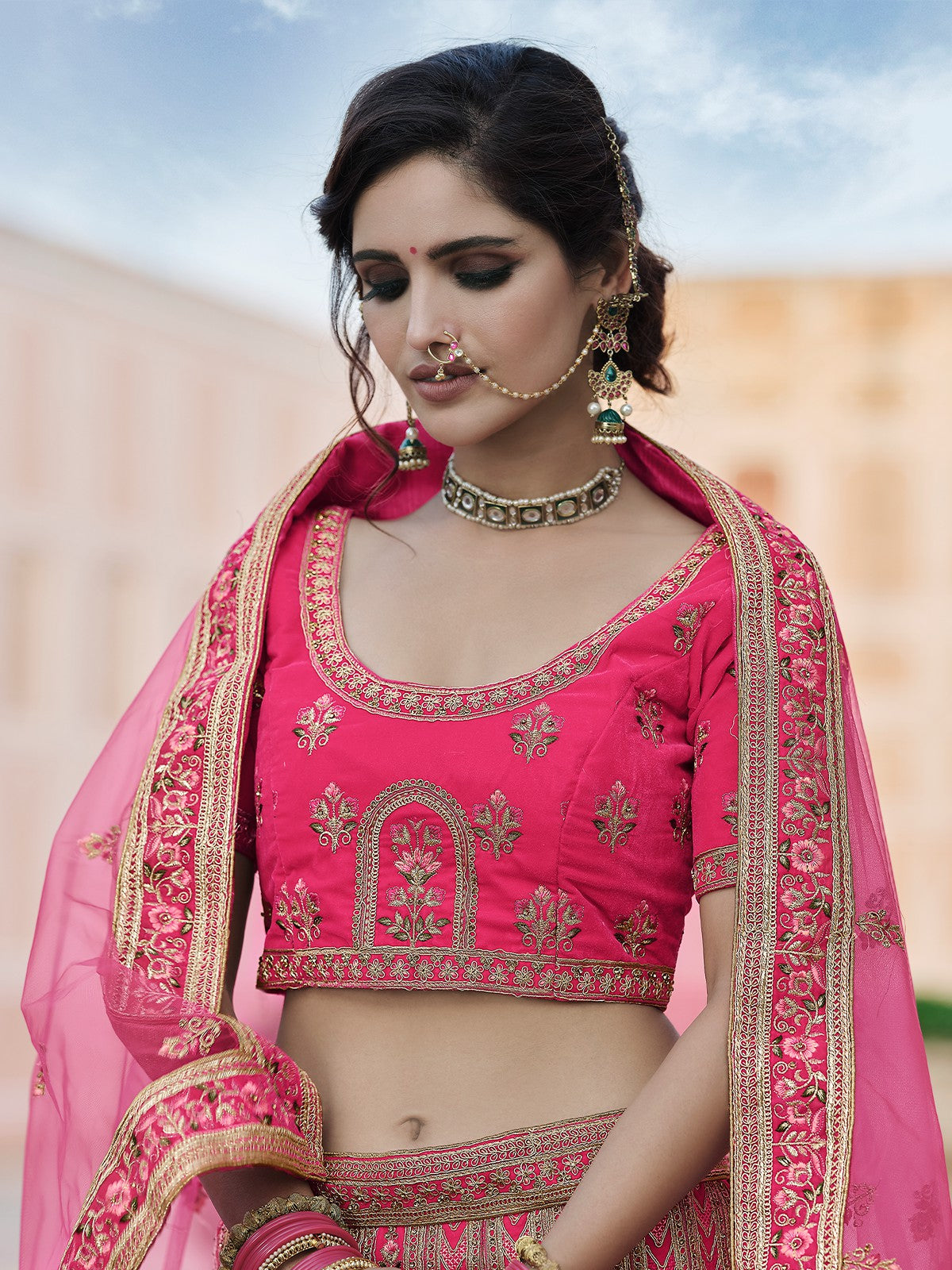 Festive Pink Semi Stitched Lehenga With Unstitched Blouse