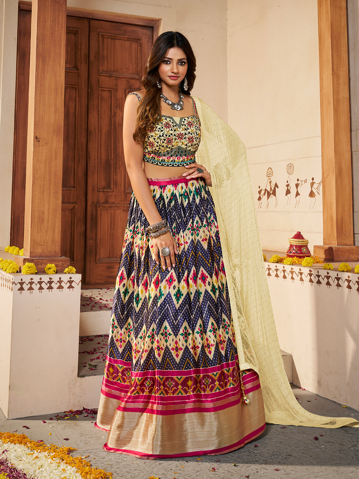 Light Yellow Silk Printed Semi Stitched Lehenga With Unstitched Blouse