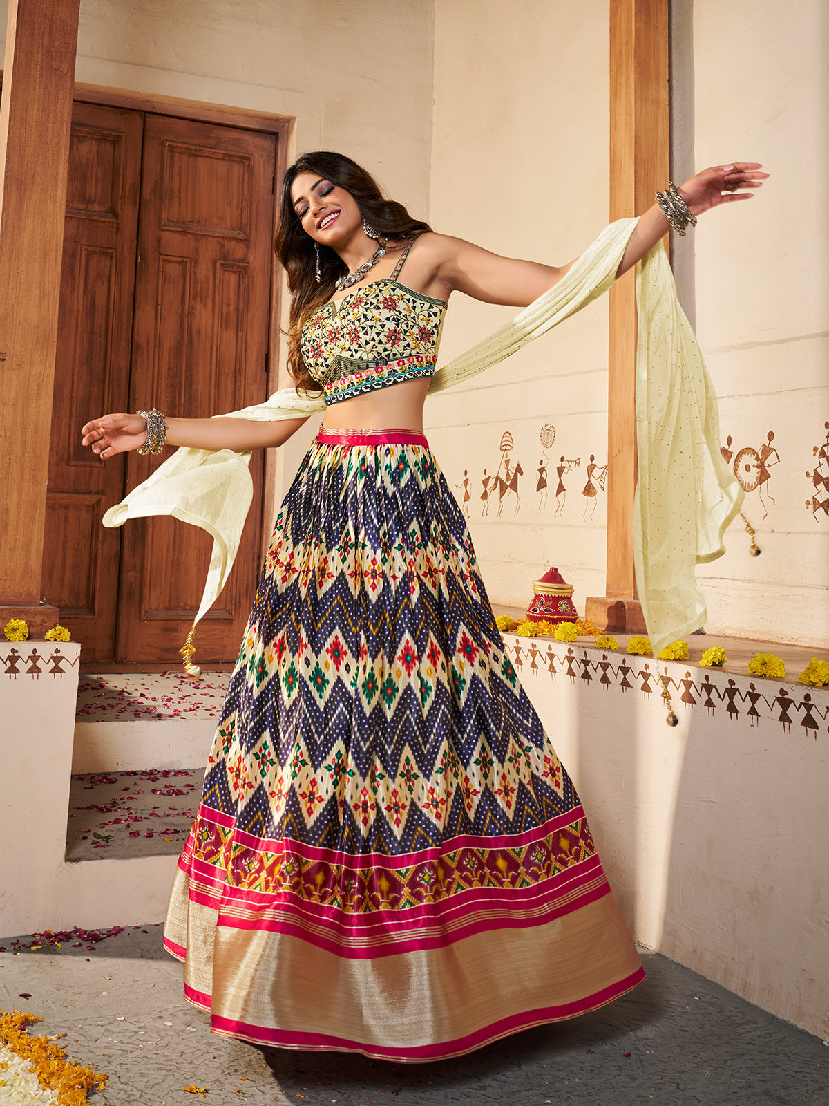 Light Yellow Silk Printed Semi Stitched Lehenga With Unstitched Blouse