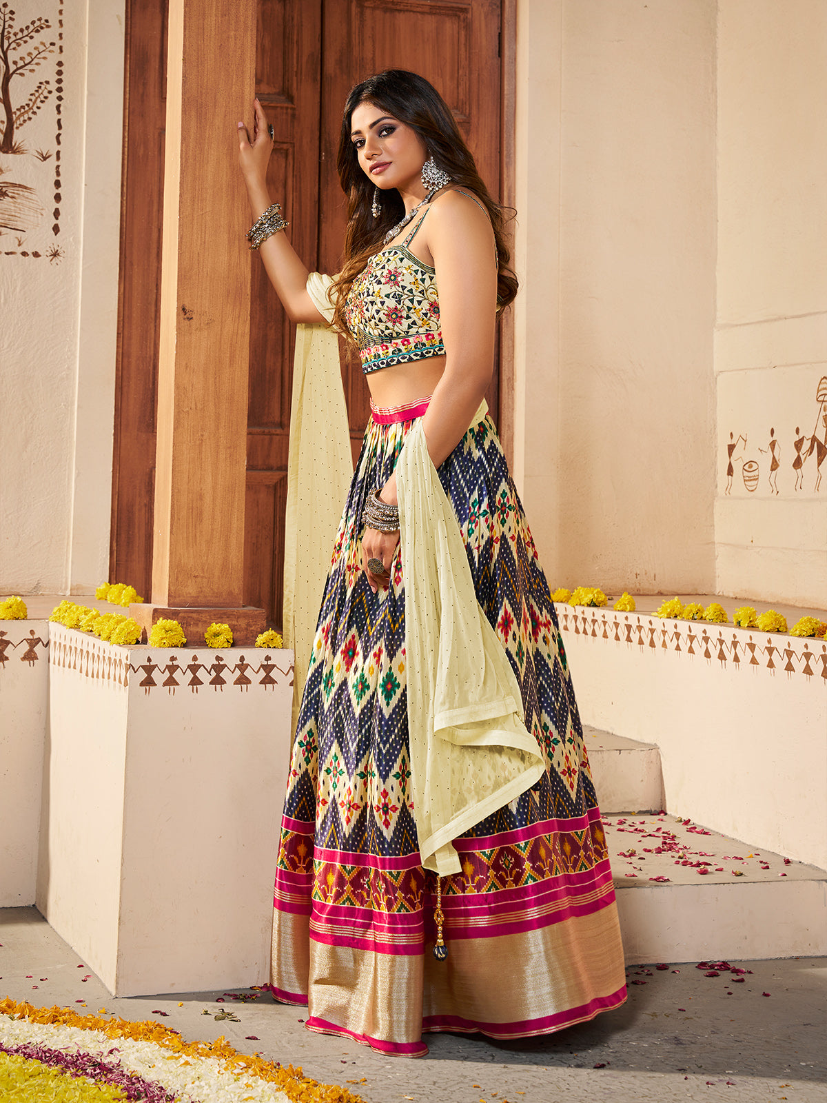 Light Yellow Silk Printed Semi Stitched Lehenga With Unstitched Blouse