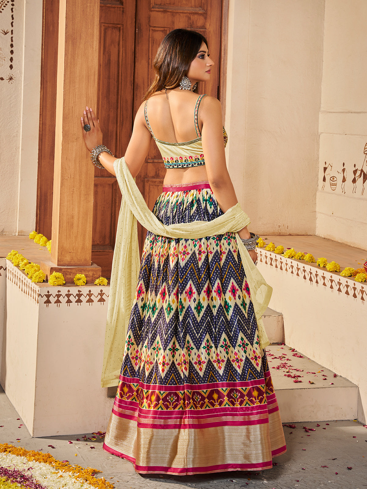 Light Yellow Silk Printed Semi Stitched Lehenga With Unstitched Blouse