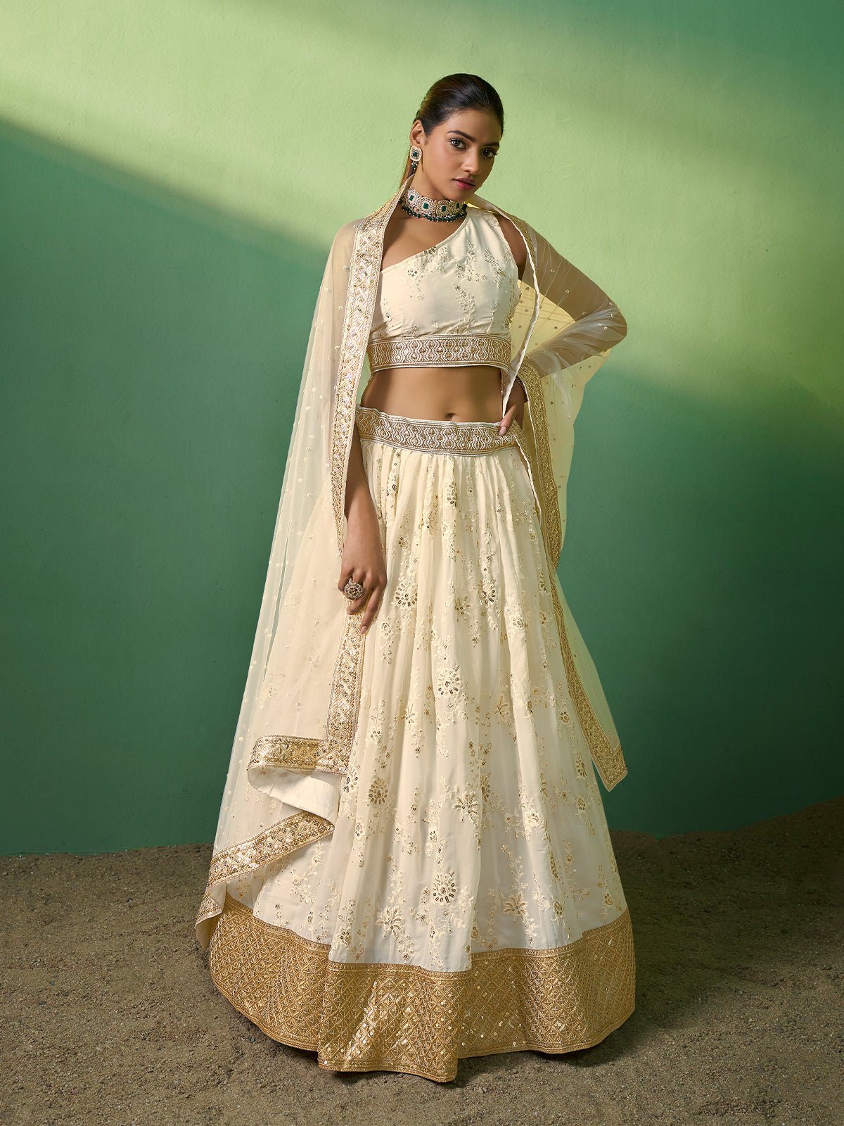 Beige Embroidered Semi Stitched Lehenga With Unstitched Blouse