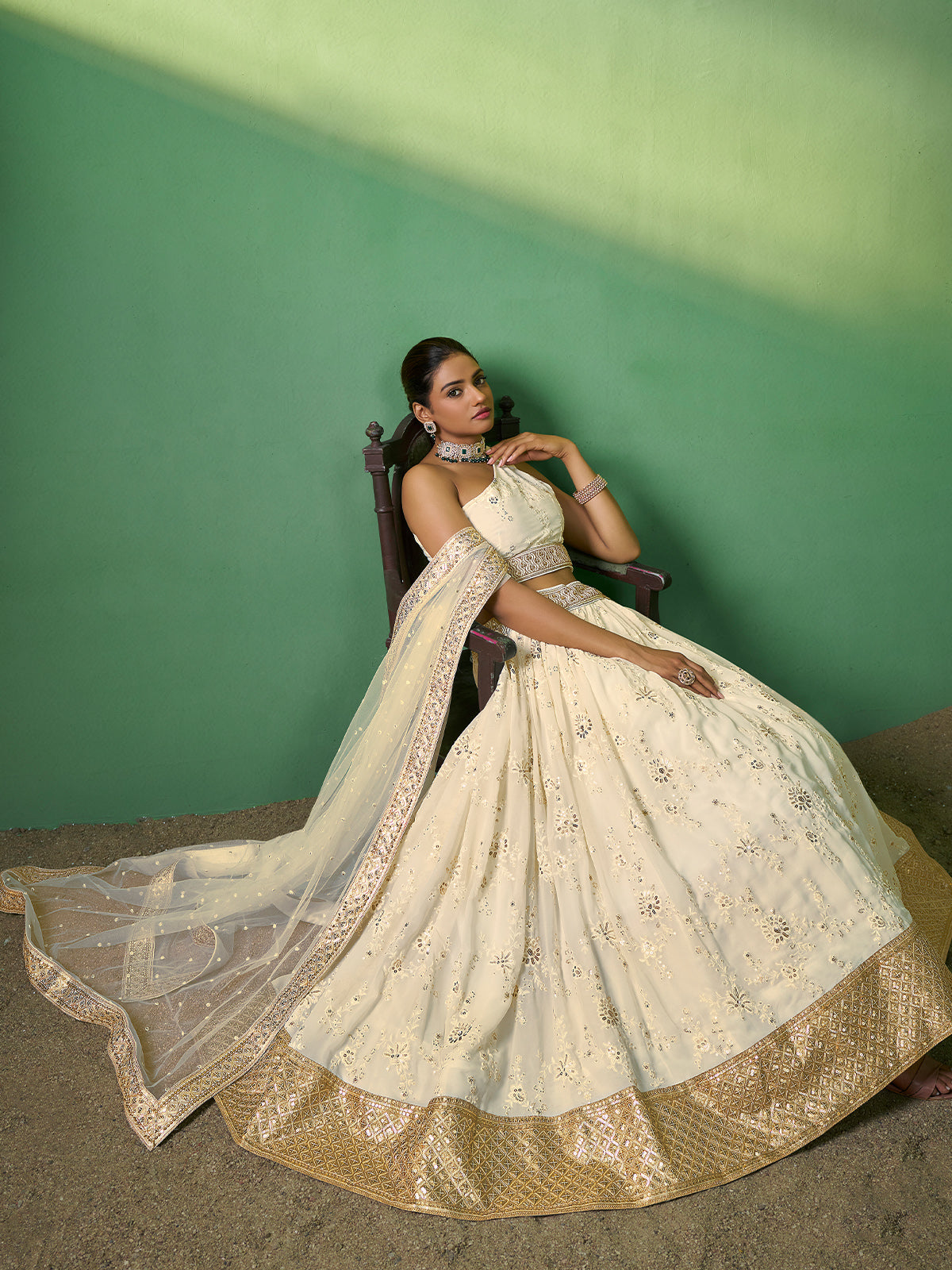 Beige Embroidered Semi Stitched Lehenga With Unstitched Blouse