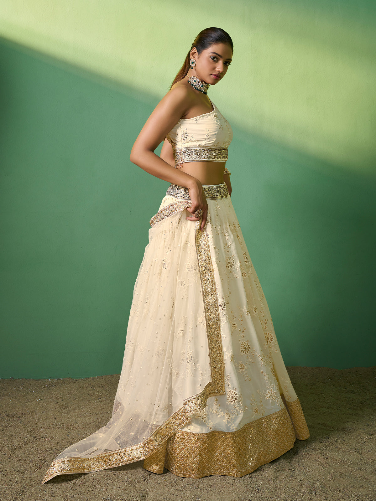 Beige Embroidered Semi Stitched Lehenga With Unstitched Blouse