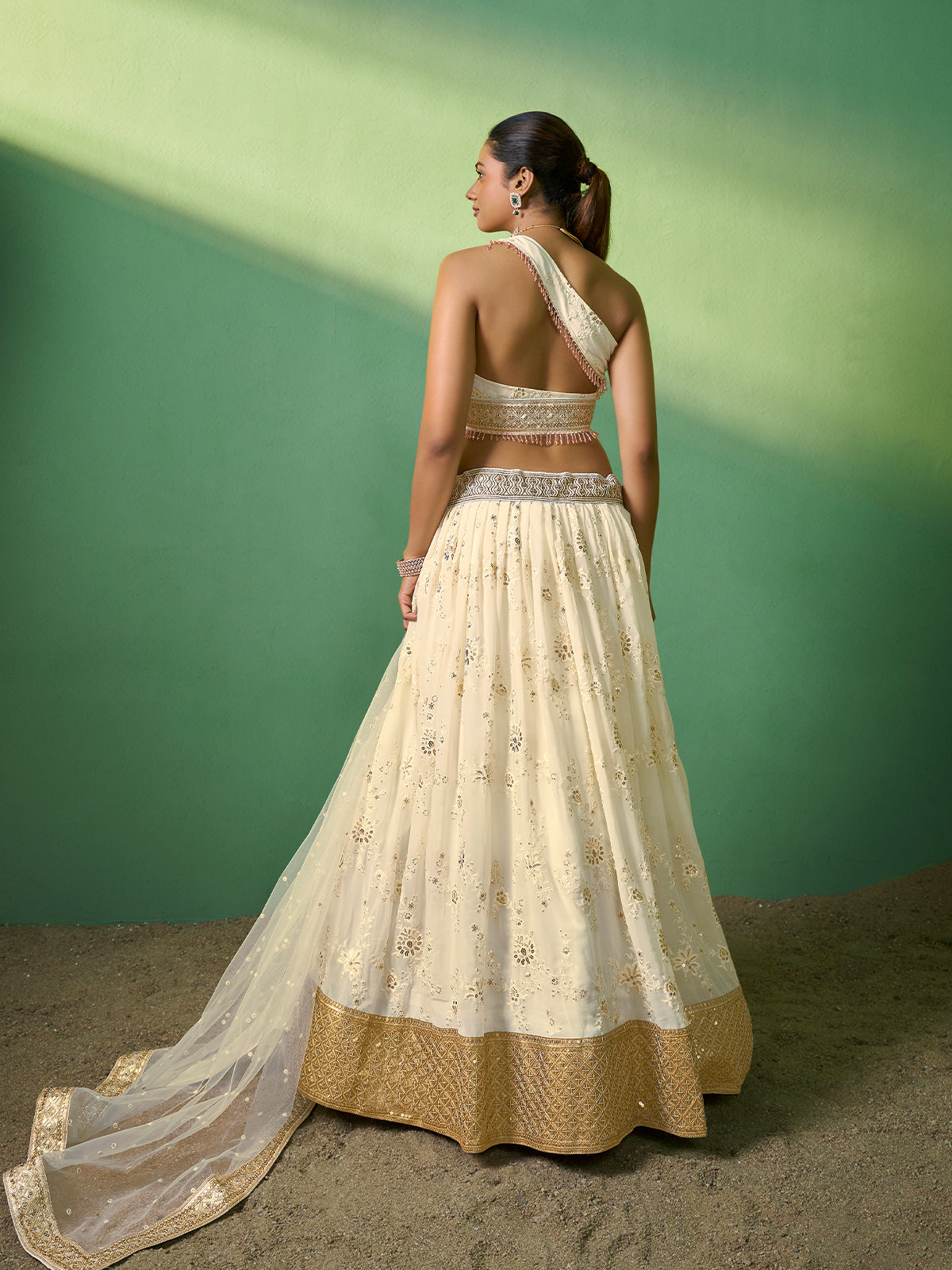 Beige Embroidered Semi Stitched Lehenga With Unstitched Blouse