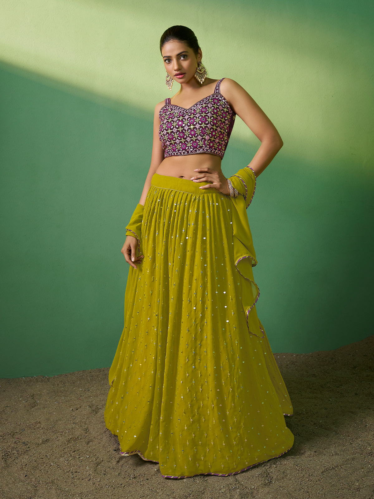 Green Embroidered Semi Stitched Lehenga With Unstitched Blouse