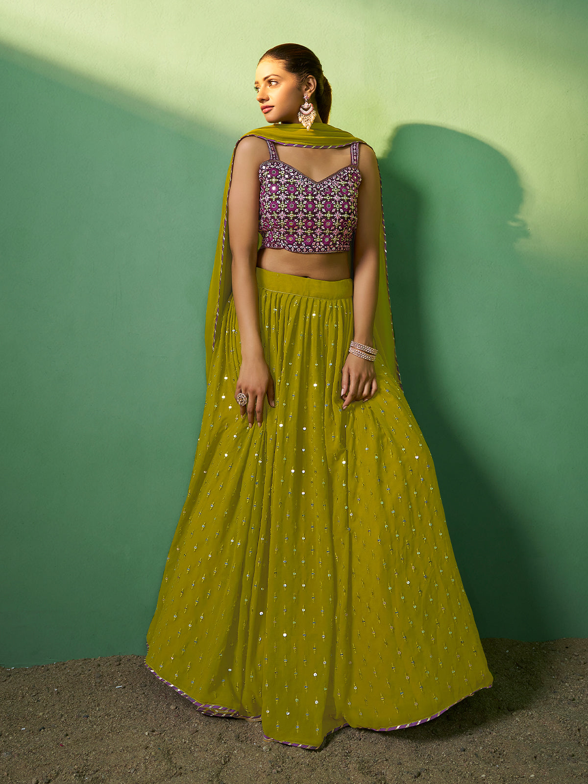 Green Embroidered Semi Stitched Lehenga With Unstitched Blouse