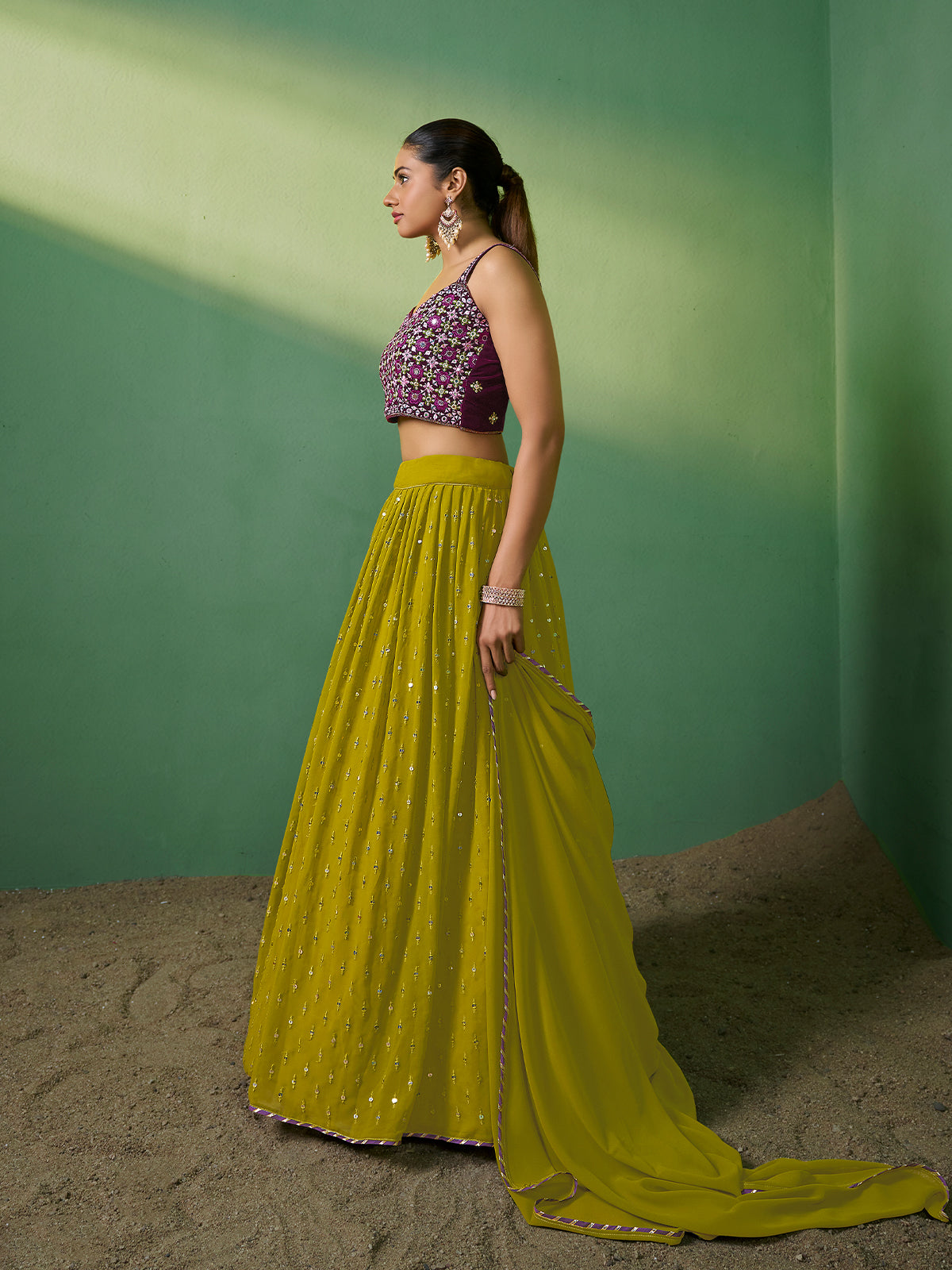 Green Embroidered Semi Stitched Lehenga With Unstitched Blouse