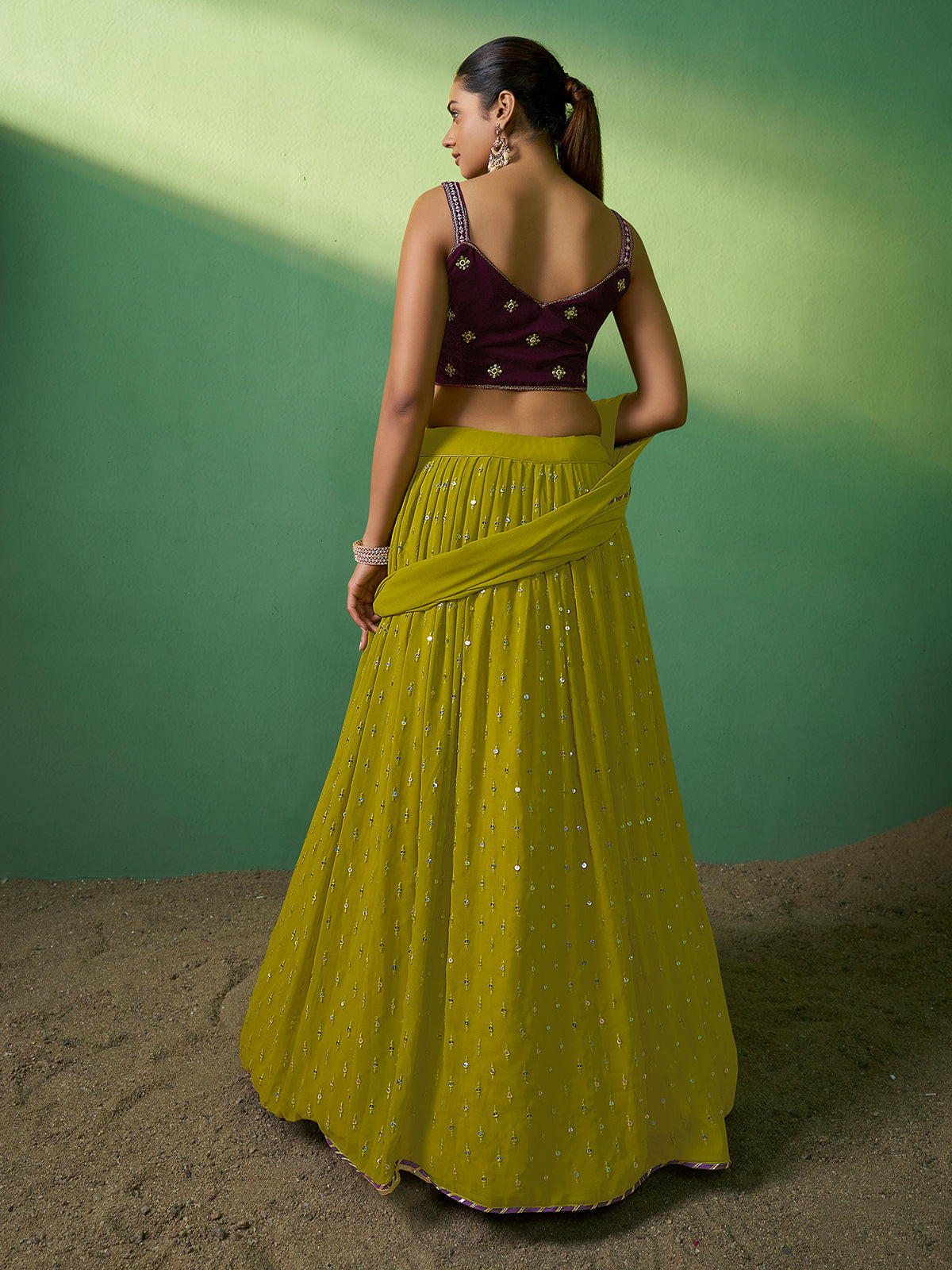 Green Embroidered Semi Stitched Lehenga With Unstitched Blouse