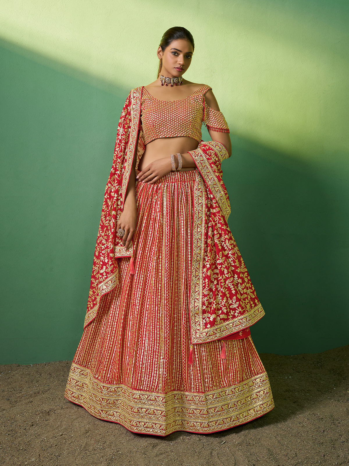 Red Embroidered Semi Stitched Lehenga With Unstitched Blouse