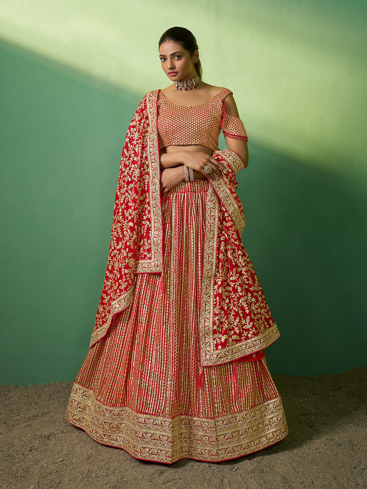 Red Embroidered Semi Stitched Lehenga With Unstitched Blouse