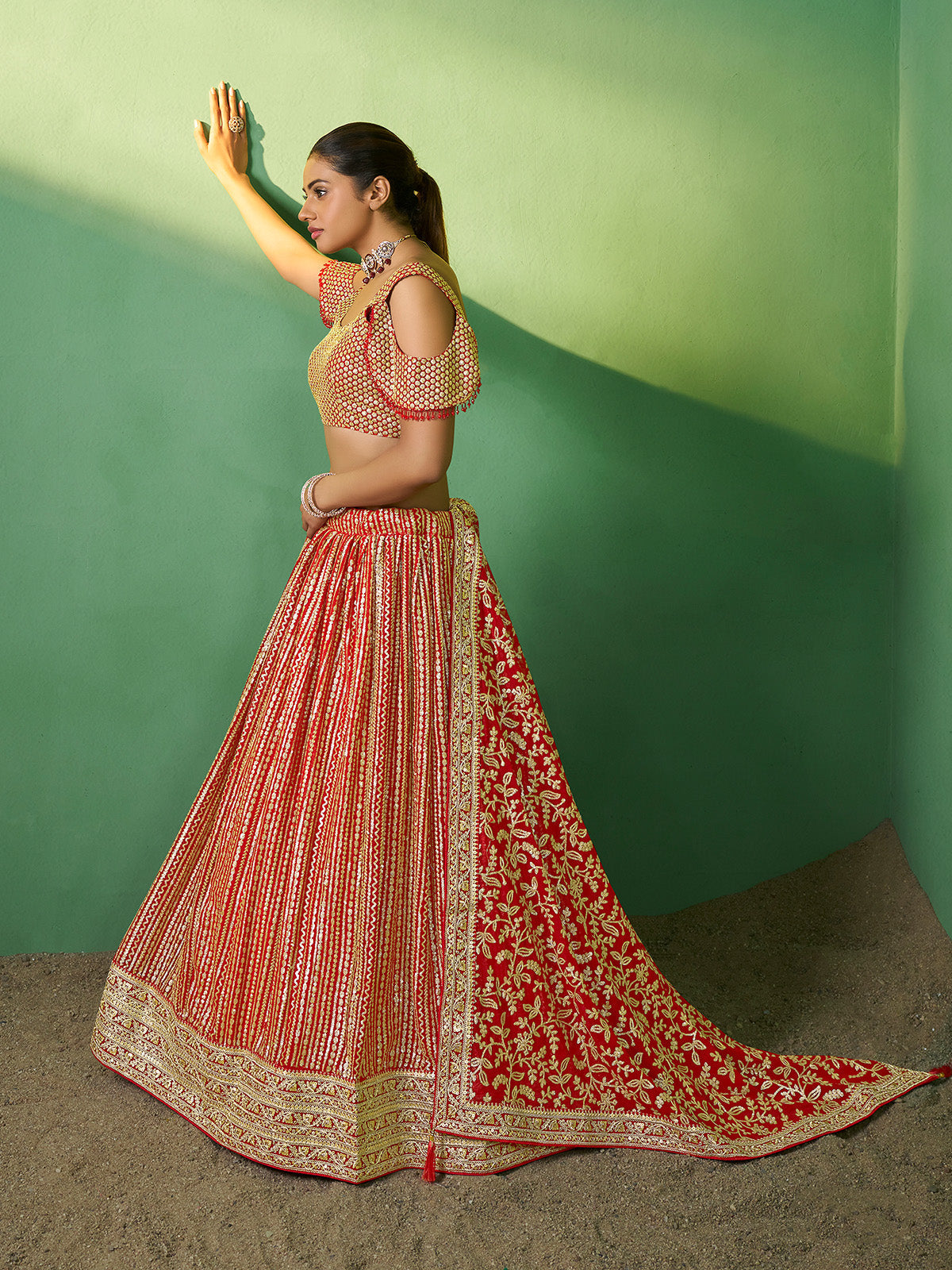 Red Embroidered Semi Stitched Lehenga With Unstitched Blouse