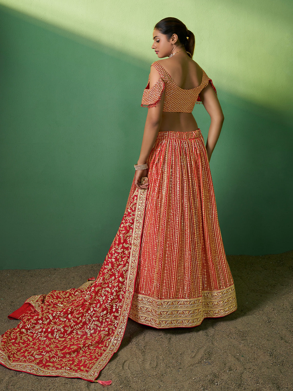Red Embroidered Semi Stitched Lehenga With Unstitched Blouse