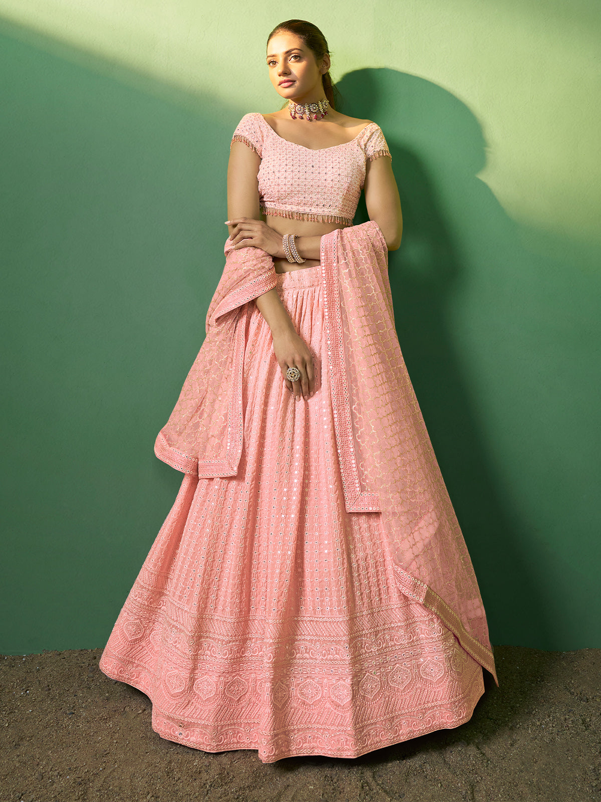 Peach Embroidered Semi Stitched Lehenga With Unstitched Blouse