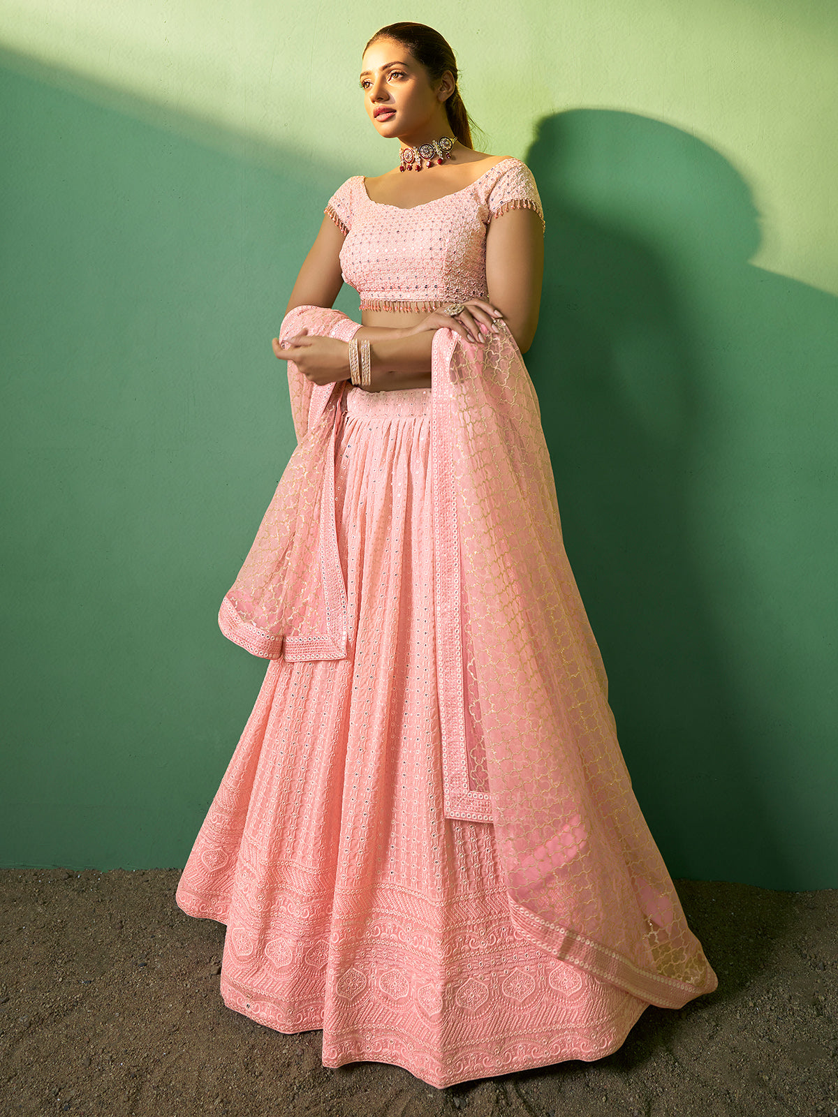 Peach Embroidered Semi Stitched Lehenga With Unstitched Blouse