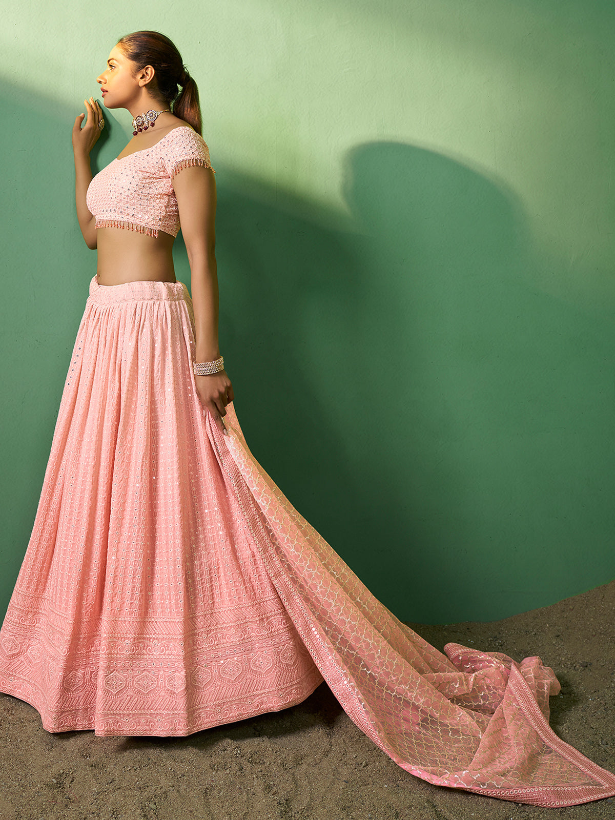 Peach Embroidered Semi Stitched Lehenga With Unstitched Blouse