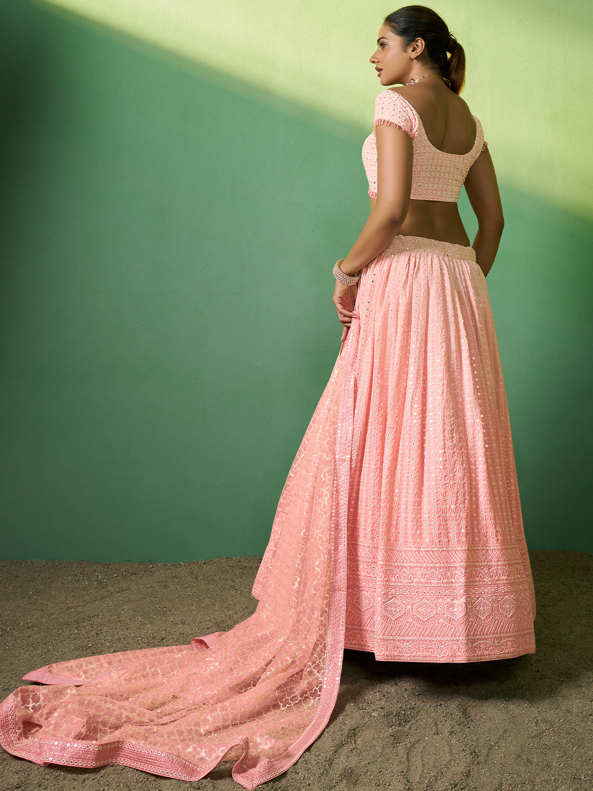 Peach Embroidered Semi Stitched Lehenga With Unstitched Blouse