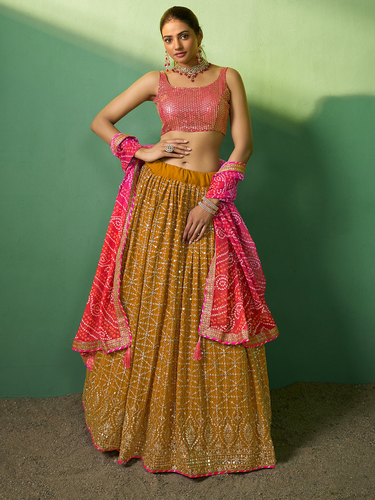 Mustard Embroidered Semi Stitched Lehenga With Unstitched Blouse