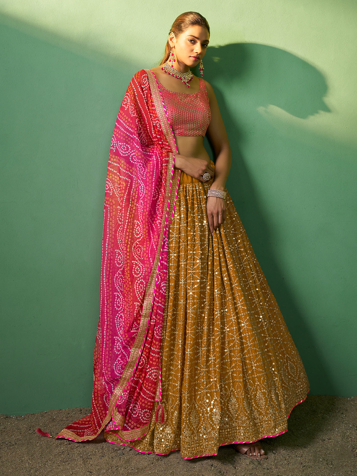 Mustard Embroidered Semi Stitched Lehenga With Unstitched Blouse