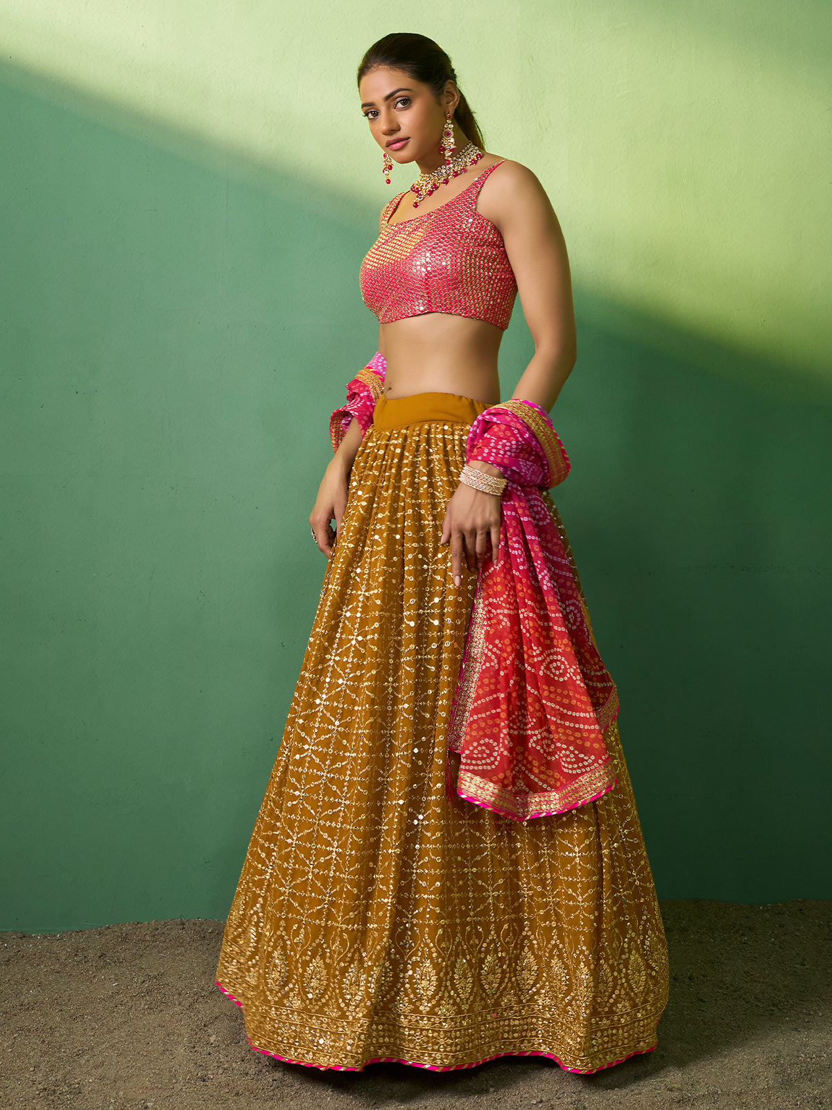 Mustard Embroidered Semi Stitched Lehenga With Unstitched Blouse