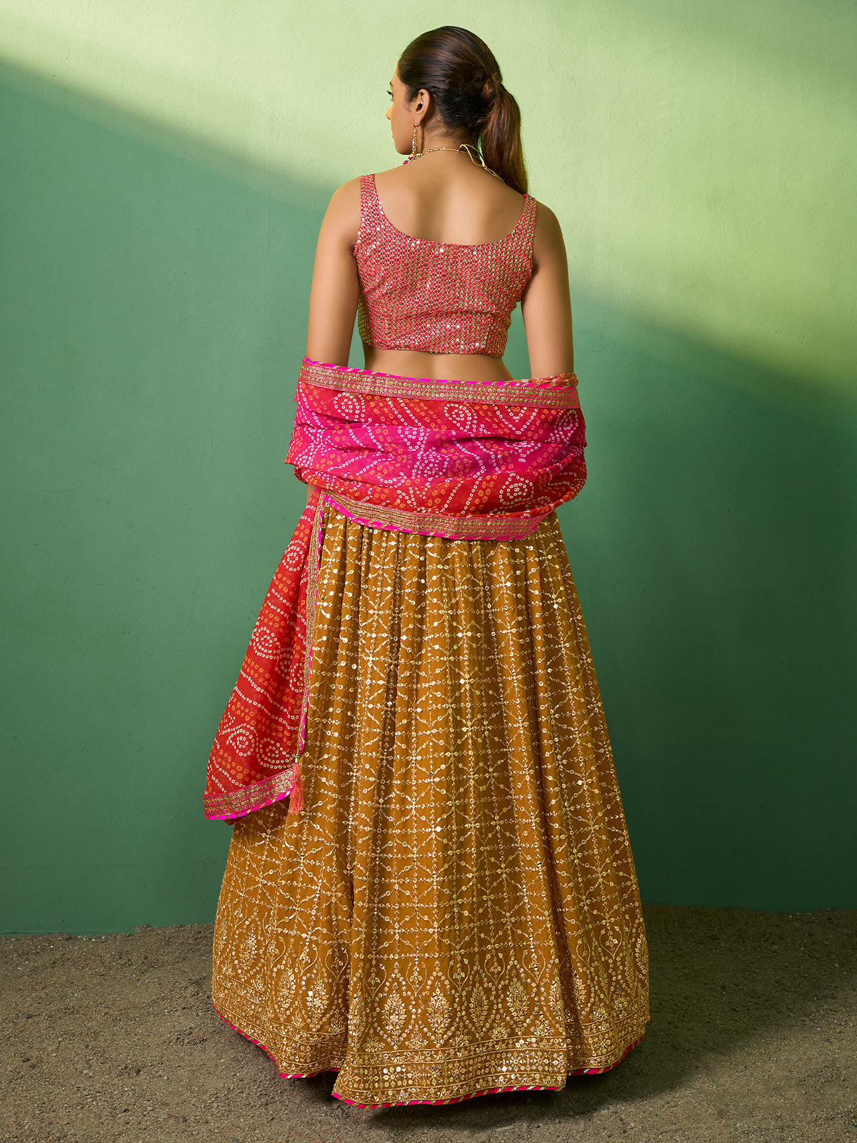 Mustard Embroidered Semi Stitched Lehenga With Unstitched Blouse