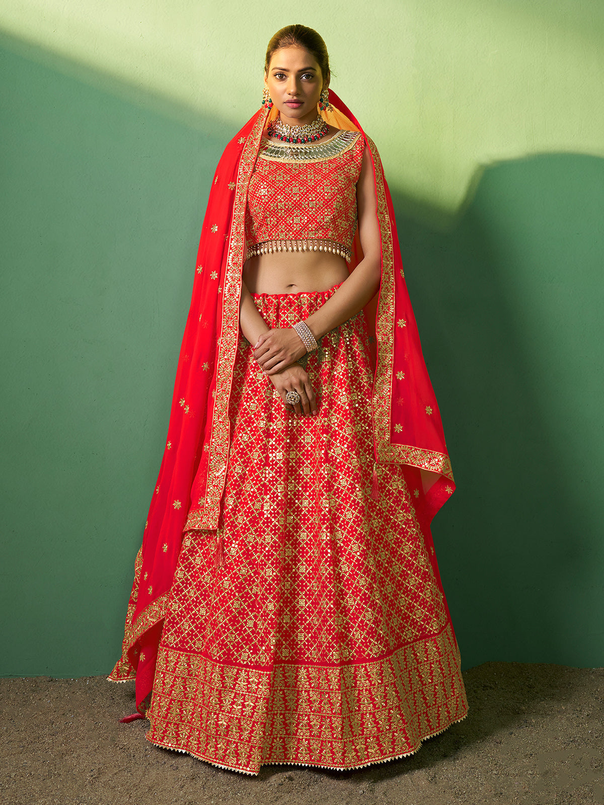Red Embroidered Semi Stitched Lehenga With Unstitched Blouse