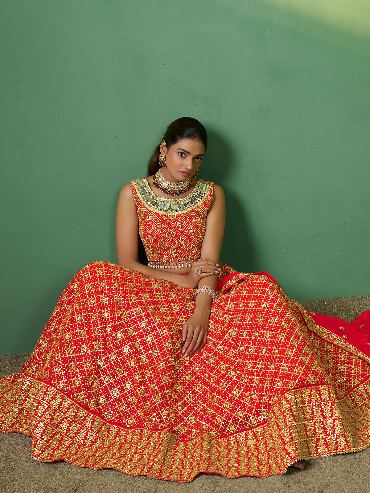 Red Embroidered Semi Stitched Lehenga With Unstitched Blouse