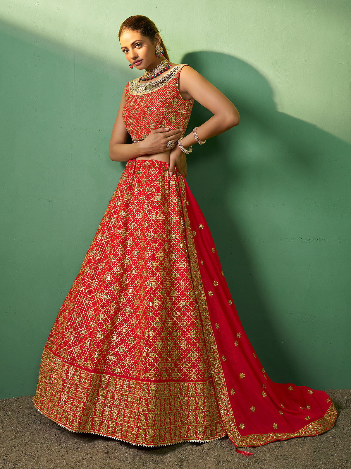 Red Embroidered Semi Stitched Lehenga With Unstitched Blouse
