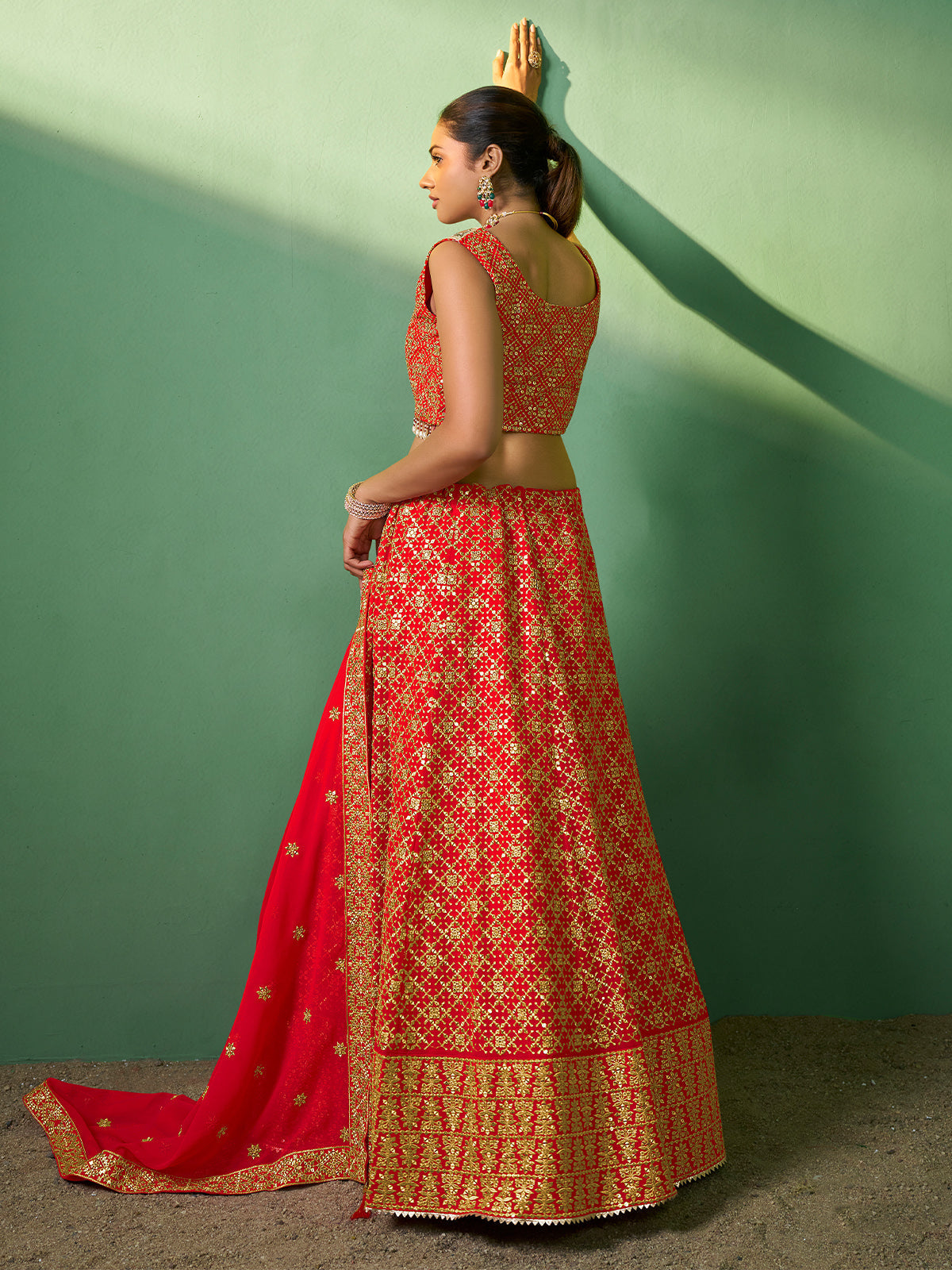 Red Embroidered Semi Stitched Lehenga With Unstitched Blouse