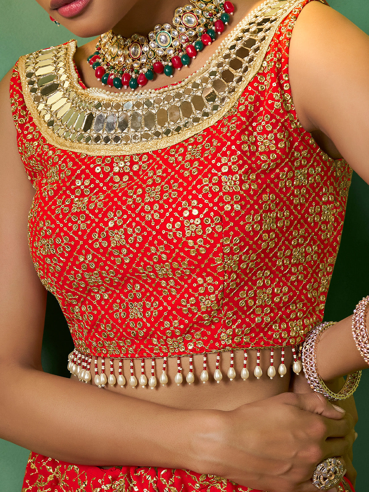 Red Embroidered Semi Stitched Lehenga With Unstitched Blouse