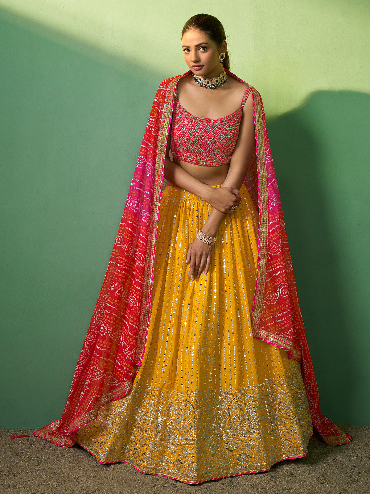Yellow Embroidered Semi Stitched Lehenga With Unstitched Blouse