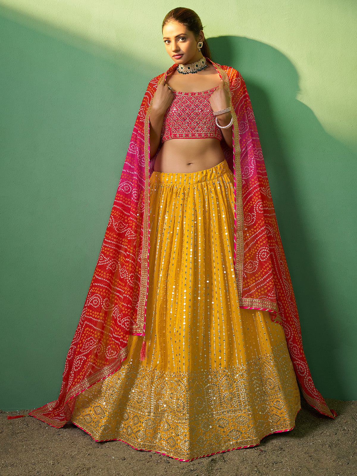 Yellow Embroidered Semi Stitched Lehenga With Unstitched Blouse