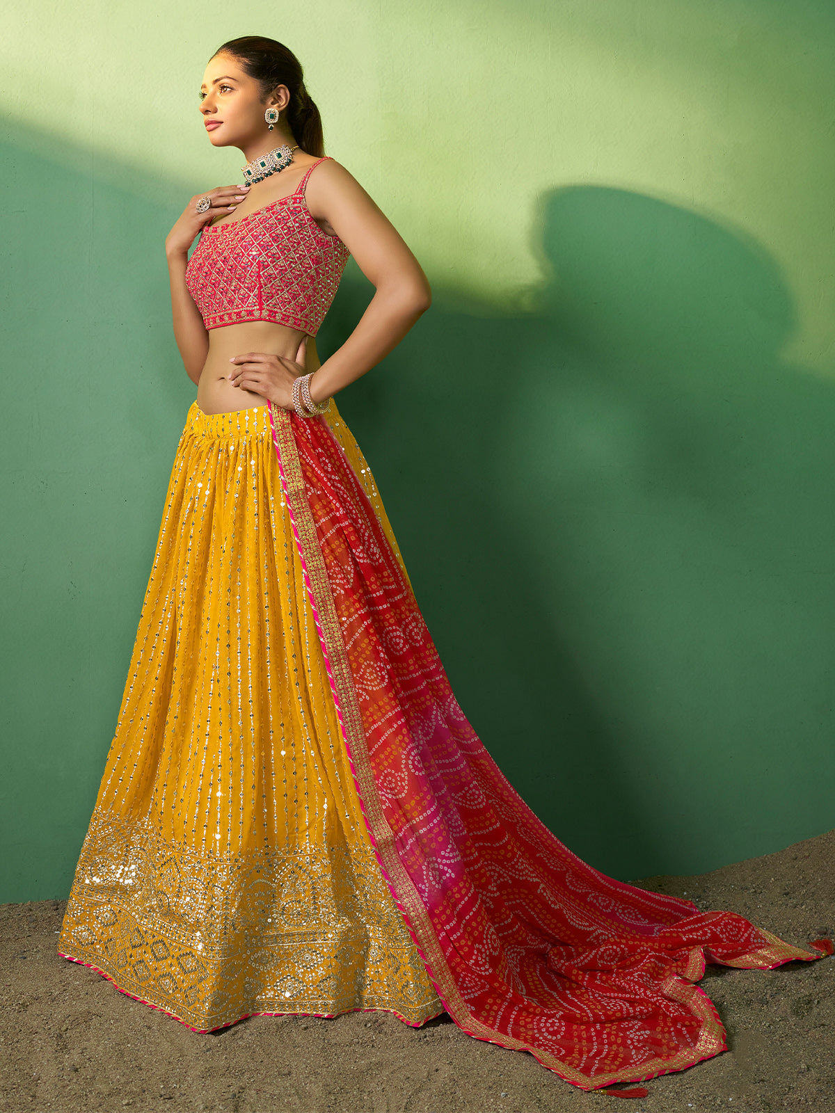 Yellow Embroidered Semi Stitched Lehenga With Unstitched Blouse