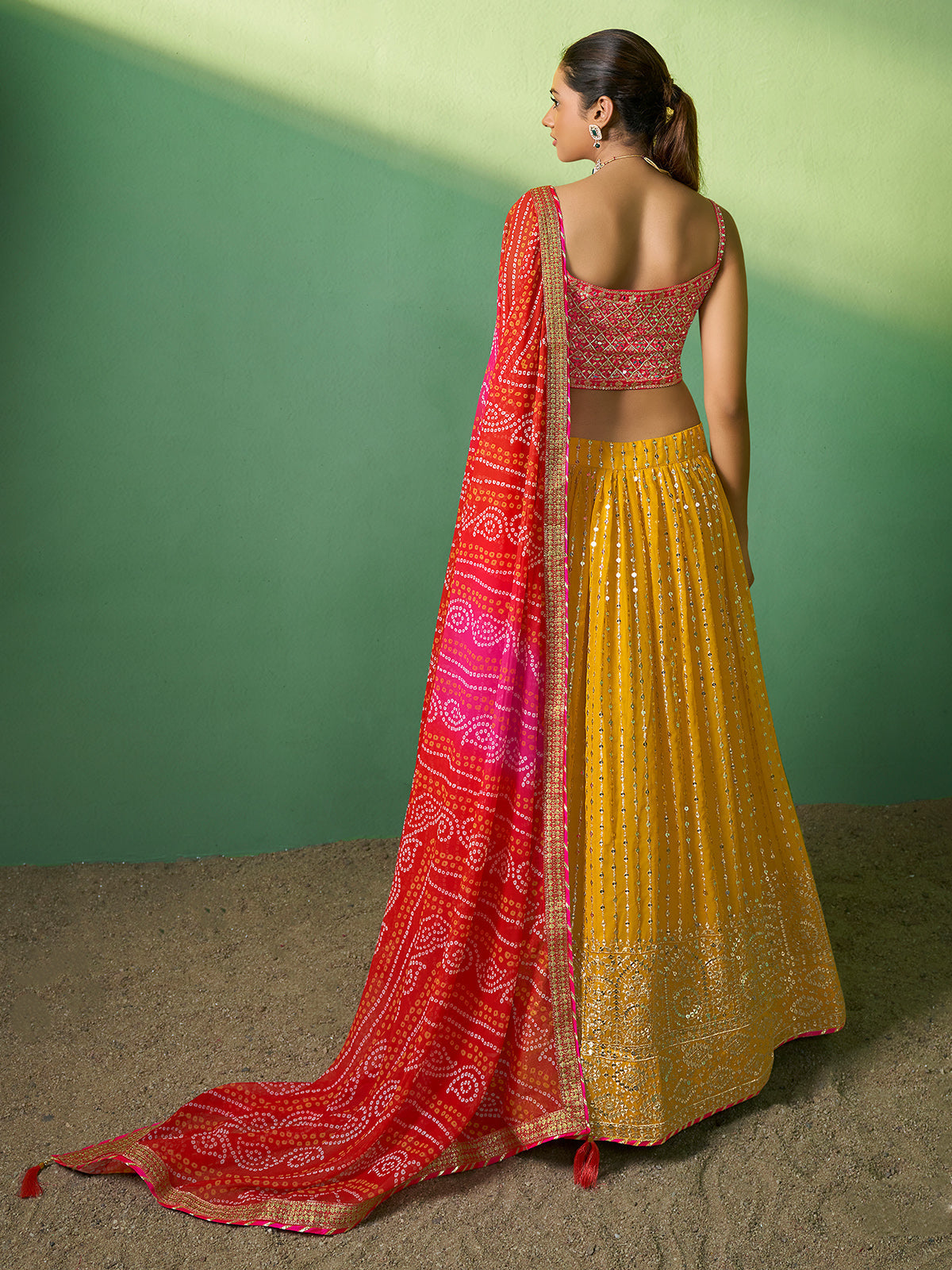 Yellow Embroidered Semi Stitched Lehenga With Unstitched Blouse