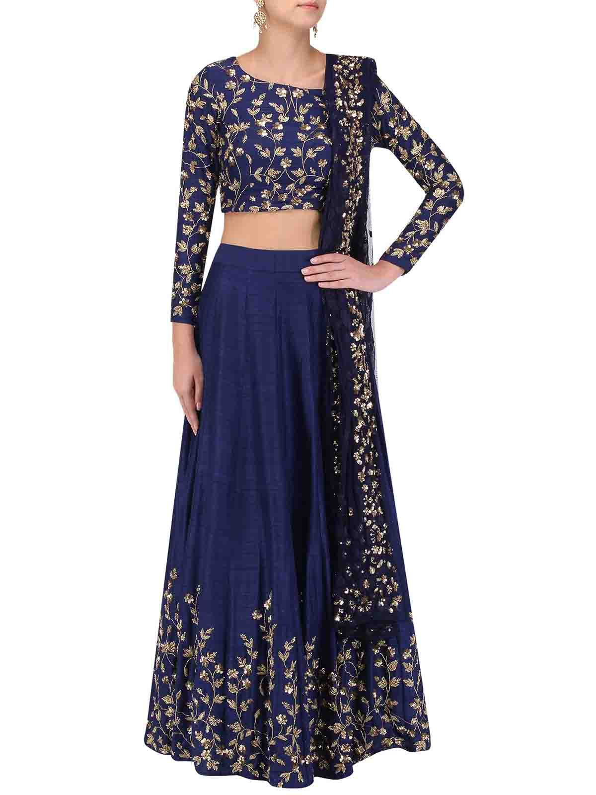 Dark Blue Art Silk Embroidered Semi Stitched Lehenga With Unstitched Blouse